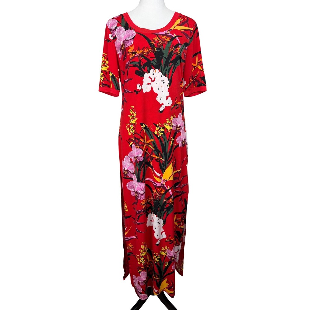 G.I.L.I. Floral Maxi Dress Women's‎ M Red Tropical Side Slit Whimsical Feminine